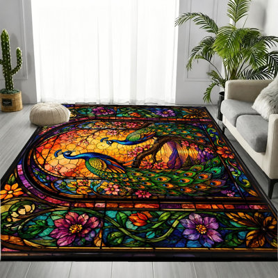 Tapis antidérapant en velours, motif floral oiseau de vitrail en forme de paon artistique, tapis décoratif, décoration intérieure pour salon, chambre à coucher, entrée, cuisine, appartement