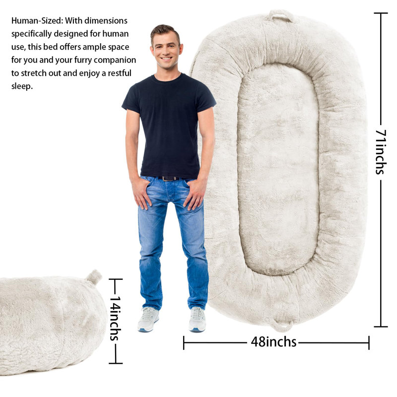 Grand lit pour chien de taille humaine lavable avec housse amovible, Beige, H 14 po x l 48 po x P 71 po
