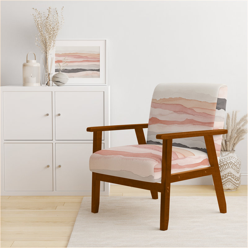 Chaise rembourrée Abstract Paysages - Fauteuil Glam Wave rose et orange I, Accoudoirs carrés bruns