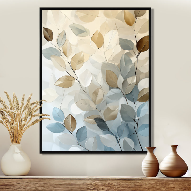 Whispering Leaves And Branches - Blue Botanical Framed Wall Art, H 32 po x l 16 po, Cadre flottant noir
