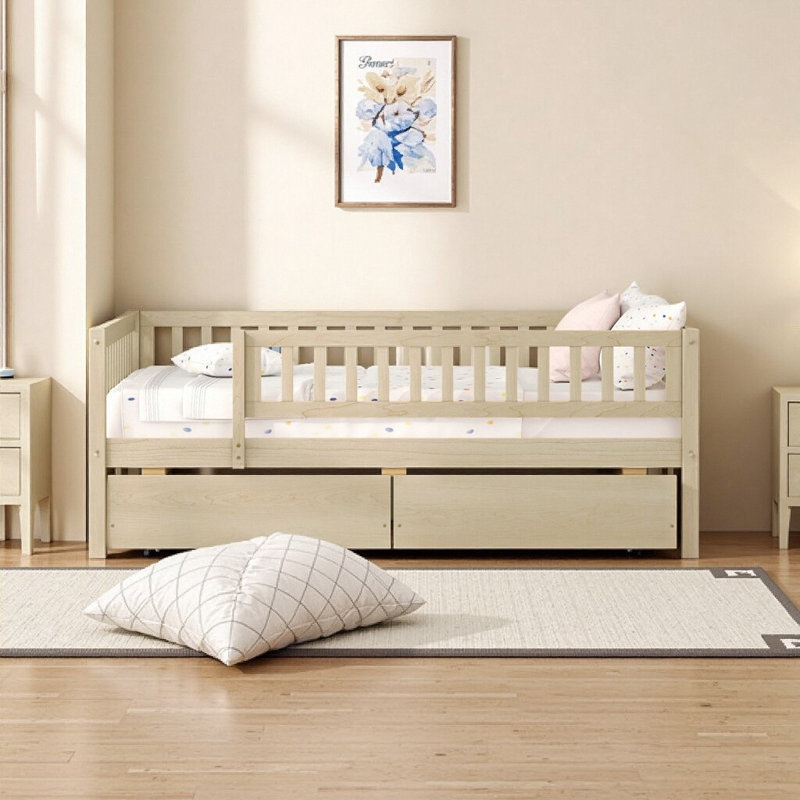 Twin Size Daybed with Storage Drawers - Natural Solid Wood Frame, Modern Space-Saving Bed Frame/Sofa, Natural, Twin