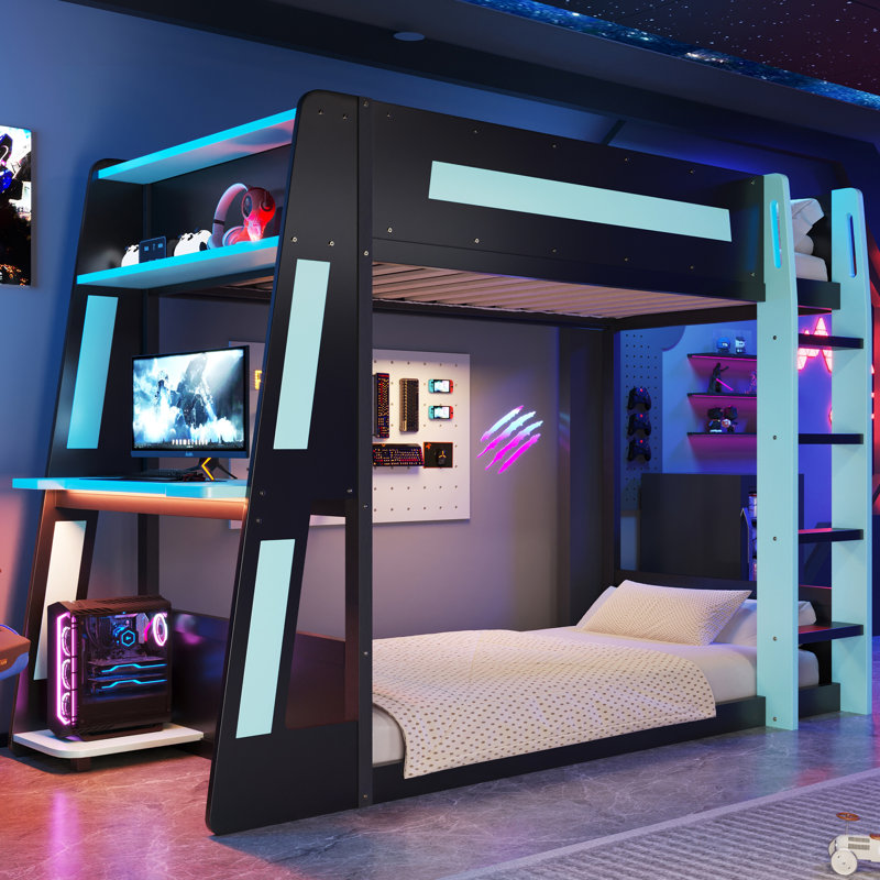Wooden Gaming Bunk Bed with Desk, Storage Shelves, USB Charging Port and LED Light, Twin, Black/Blue