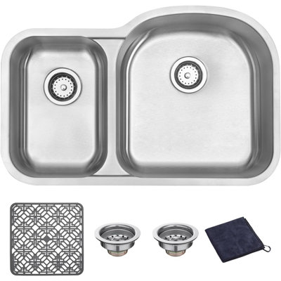 18 Gauge Stainless Steel 31.5 inch Undermount Kitchen Sink One and Half Bowl, 31.5" x 20.5" x 9"