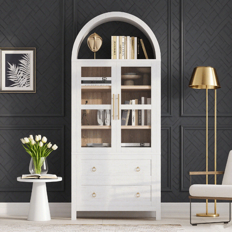 Armoire multifonctionnelle haute arquée avec 2 grands tiroirs et tablettes réglables, blanc