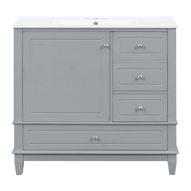 Meuble-lavabo sur pied 36 po avec lavabo en céramique, panneau de fibres à densité moyenne et base en bois massif, 3 tiroirs et armoire avec tablettes, finition peinte grise, meuble-lavabo autoportant avec trous de robinet de 4 po