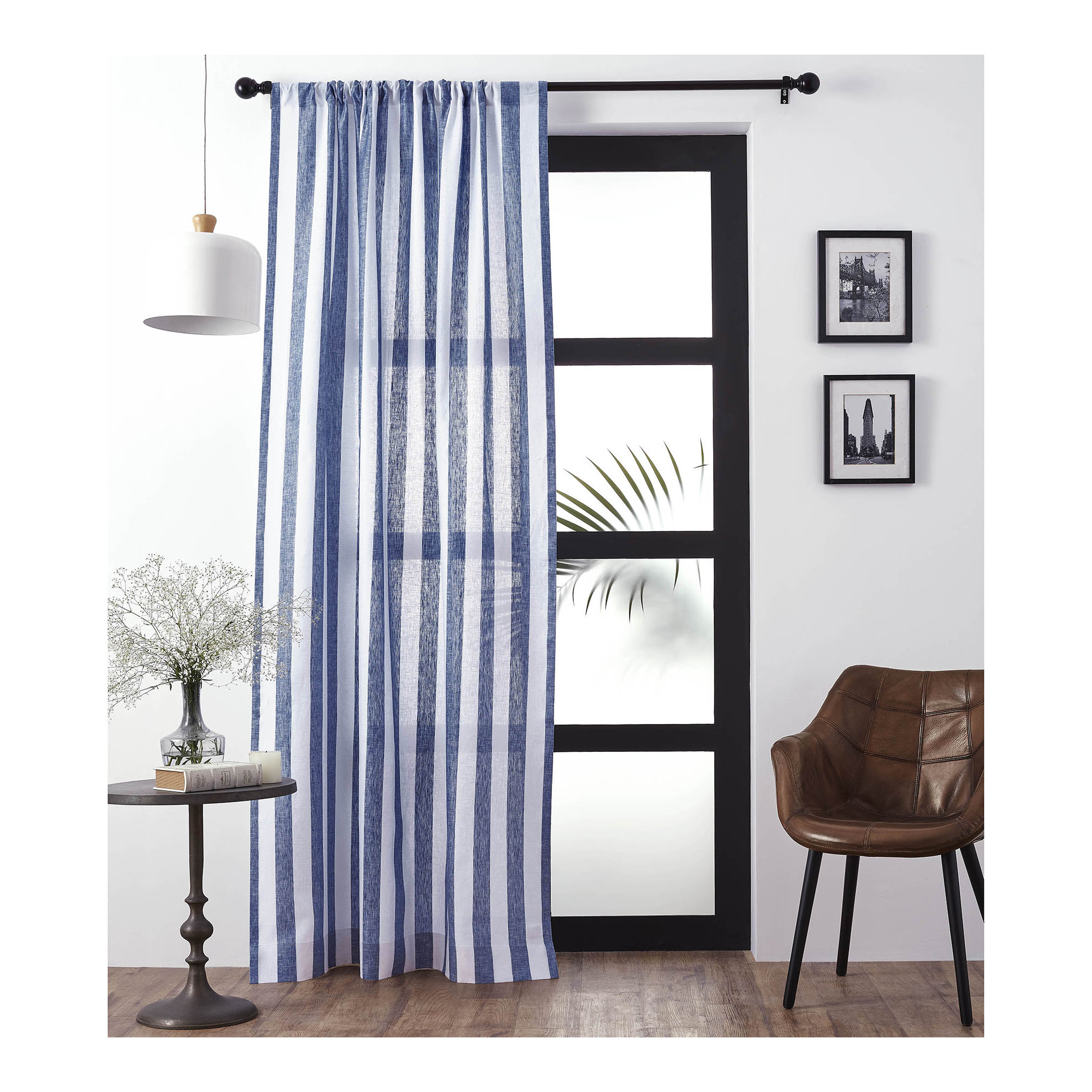  Stripe - 100% Pure Linen Curtain, Navy and White, 52" W x 108" L