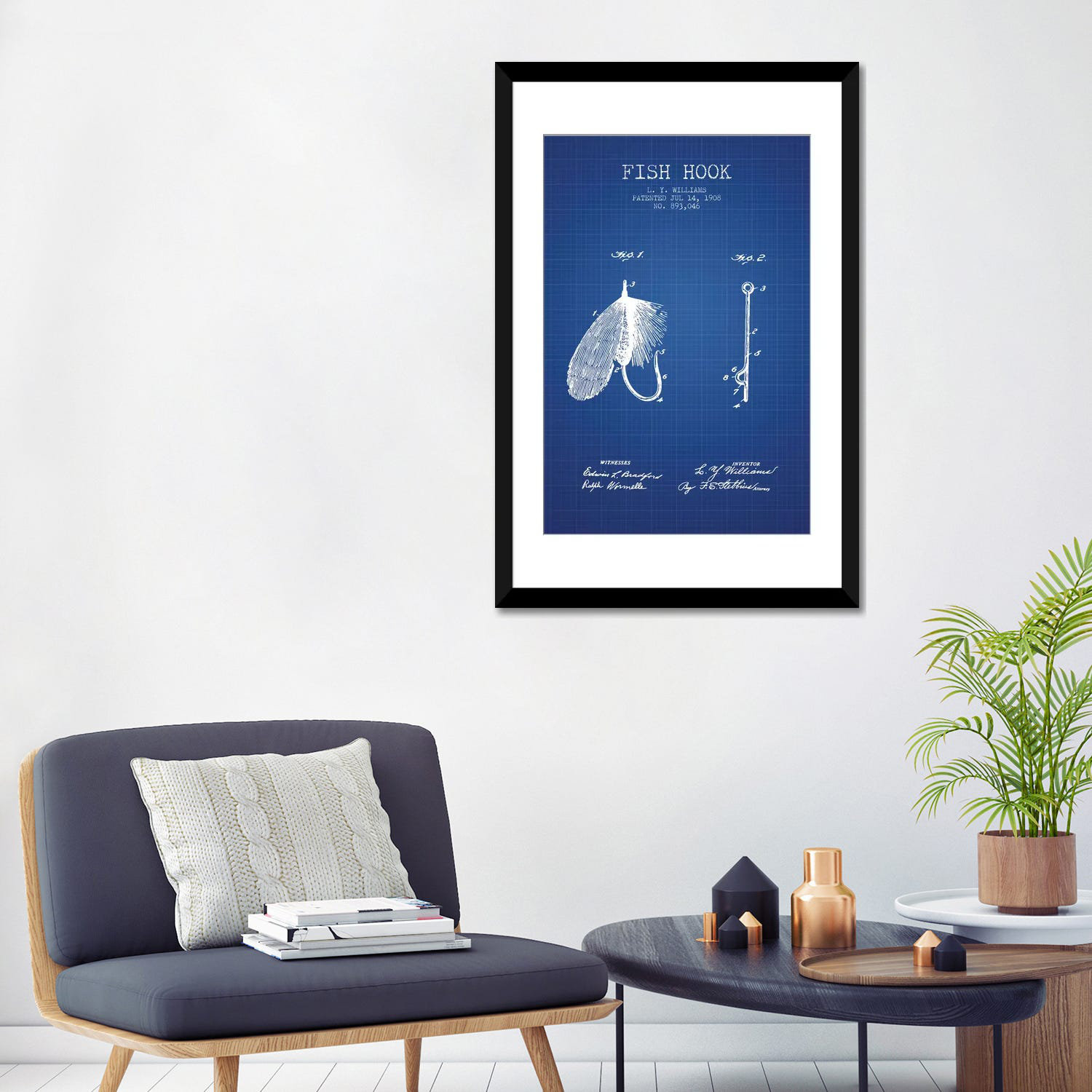 L.Y. Williams Fish Hook Patent Sketch' Graphic Art Print On Canvas in Blue Grid East Urban Home Size: 24 H x 16 W x 1 D, Format: Black Framed Fine