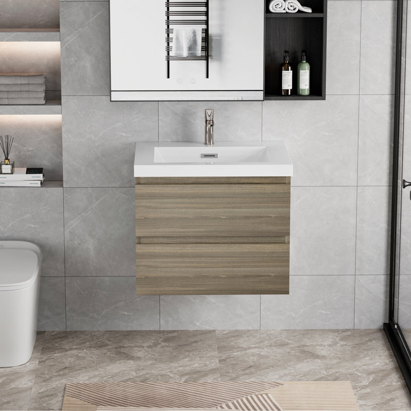 Meuble-lavabo flottant avec lavabo, meuble-lavabo mural moderne avec lavabo en résine et tiroirs à fermeture en douceur, Gris