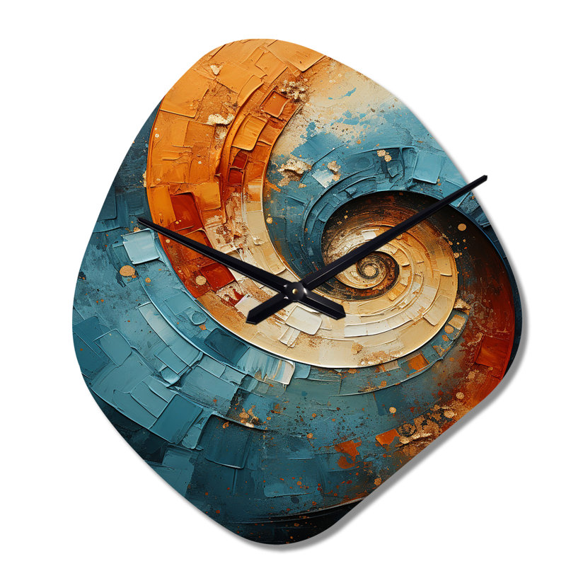Orange bleu sarcelle abstrait spirales I - horloge murale en forme de spirale abstraite unique, Petit