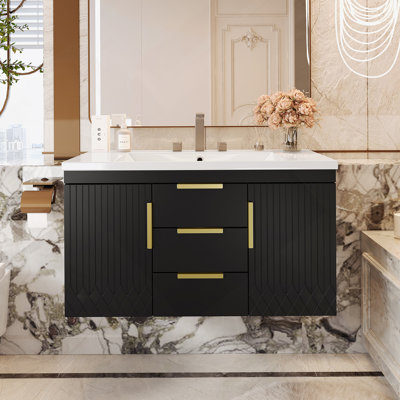 Meuble-lavabo mural 36 po avec lavabo en résine, armoire de rangement flottante et 2 tiroirs pour salle de bain moderne