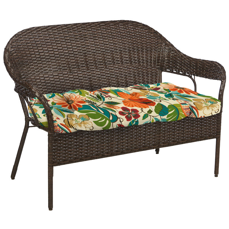 Sunbrella 44" x 18" Contoured Outdoor Wicker Bench Cushion, Lensing Jungle