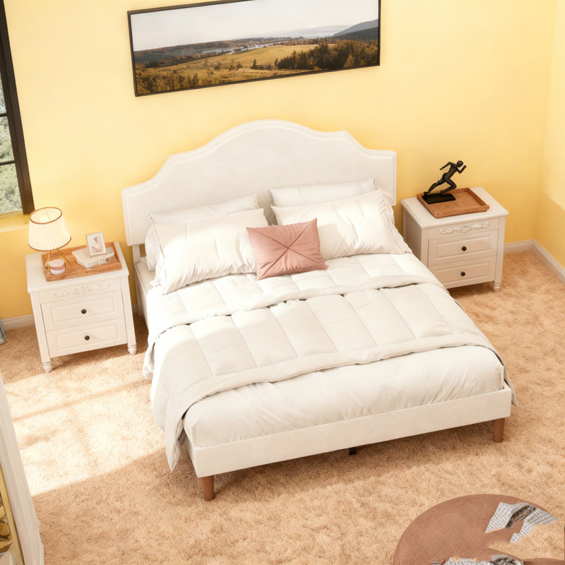Lit plateforme tapissier avec tête de lit réglable, rembourrage en tissu de lin, Beige, Grand lit