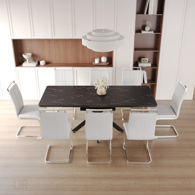 Ensemble de table de salle à manger extensible pour 6 à 8 personnes, table spacieuse en panneau de fibres à densité moyenne avec pieds en métal en forme de X et chaises sans accoudoirs rembourrées