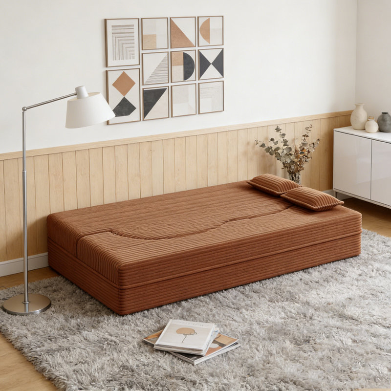 Modern Floor Sofa with 2 Pillows, Corduroy, Orange1