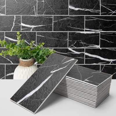 102 pièces de carrelage dosseret auto-adhésif en pierre synthétique, carrelage mural en PVC épais et imperméable pour la cuisine, la salle de bain, le foyer, la salle de lavage, le marbre noir de 3 po x 6 po