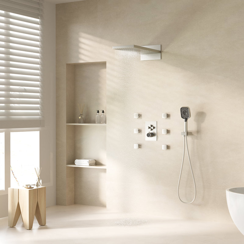 Rainier 4-Function 20 Inch Wall Mounted Rectangular Rainfall Thermostatic Shower System With 6 Body Jets, Brushed Nickel