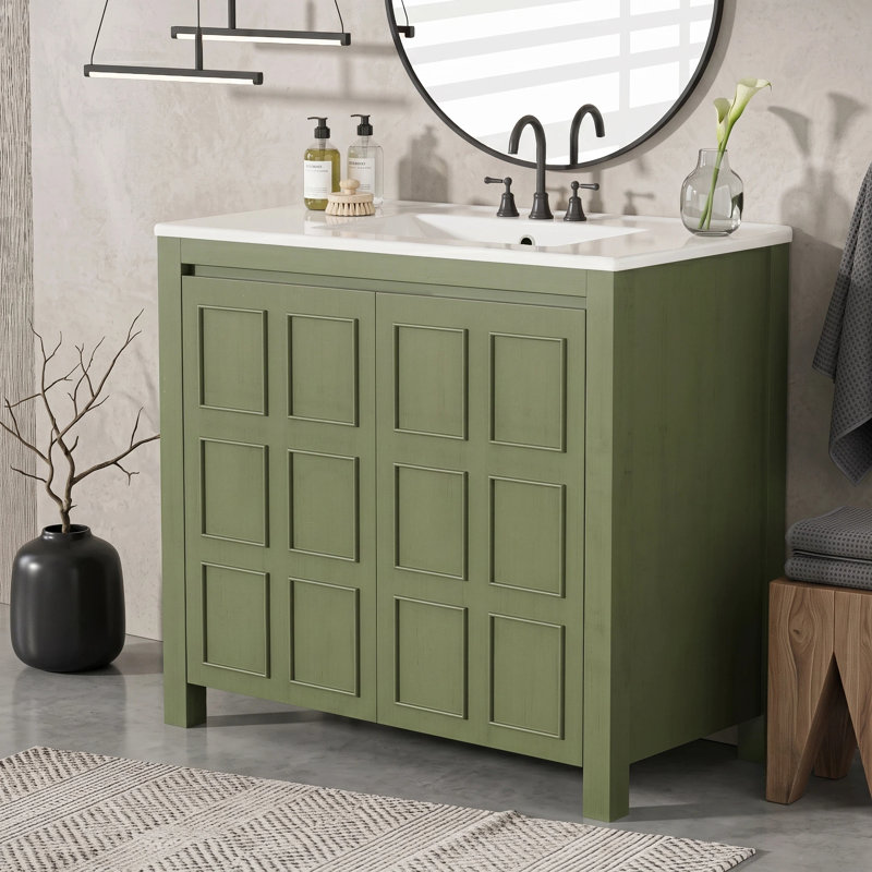 Meuble-lavabo en bois massif rétro avec plateau en céramique blanche, Vert olive