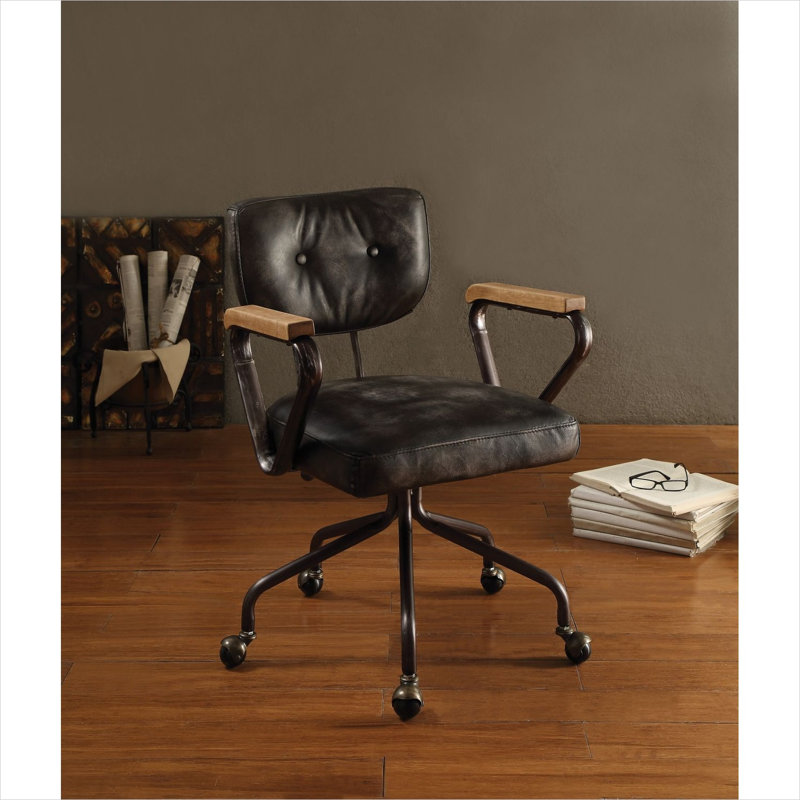 Fauteuil de direction rétro en cuir fleur rétro avec fonction pivotante, 25 po x 24 po x 32 po, accoudoirs fixes et garniture cloutée