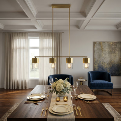 Luminaire suspendu linéaire moderne en laiton poli et verre à 4 lumières 36 "avec tige réglable pour îlot de cuisine Kailyn