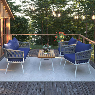 Ensemble de meubles de patio 4 pièces en corde bohème, mobilier d'extérieur avec table en bois d'acacia, ensemble de conversation de patio avec assise profonde et coussin épais pour le balcon de la cour arrière