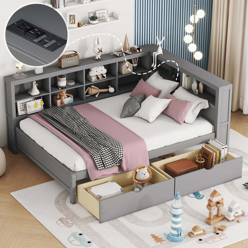 Lit de jour avec tablette de rangement et ports de chargement USB, Gris