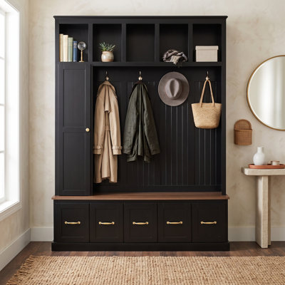 Hall Tree with Coat Hooks, Storage Bench, Open Cubbies and 5 Drawers
