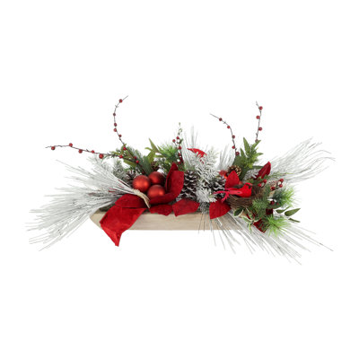 Belle Snowy Holiday Arrangement with Ornaments, Berries and Bird's Nest