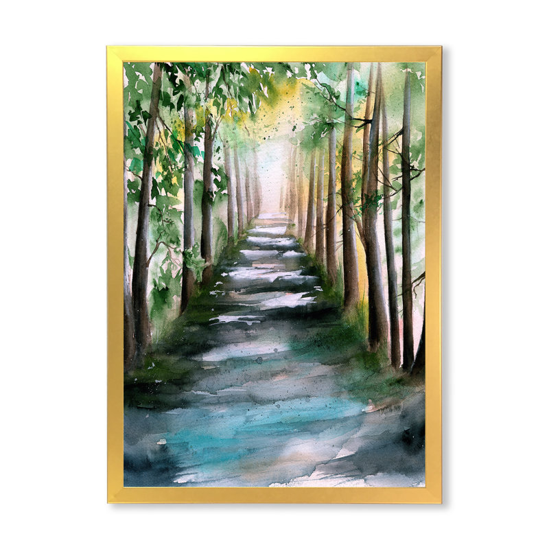 Une allée de forêt ensoleillée avec des ombres d'arbre - peinture sur toile, H 40 po x l 30 po