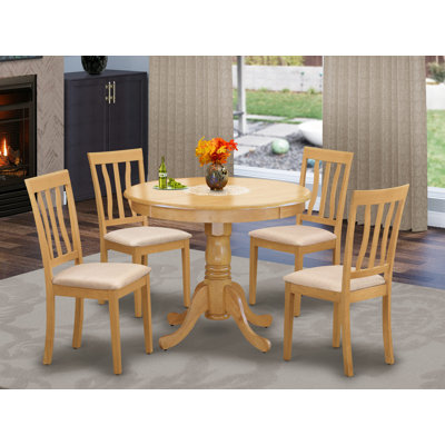 Ensemble de table de salle à manger 5 pièces comprenant une table ronde en bois avec piédestal et 4 chaises de cuisine en tissu de lin, 36 x 36 pouces, chêne