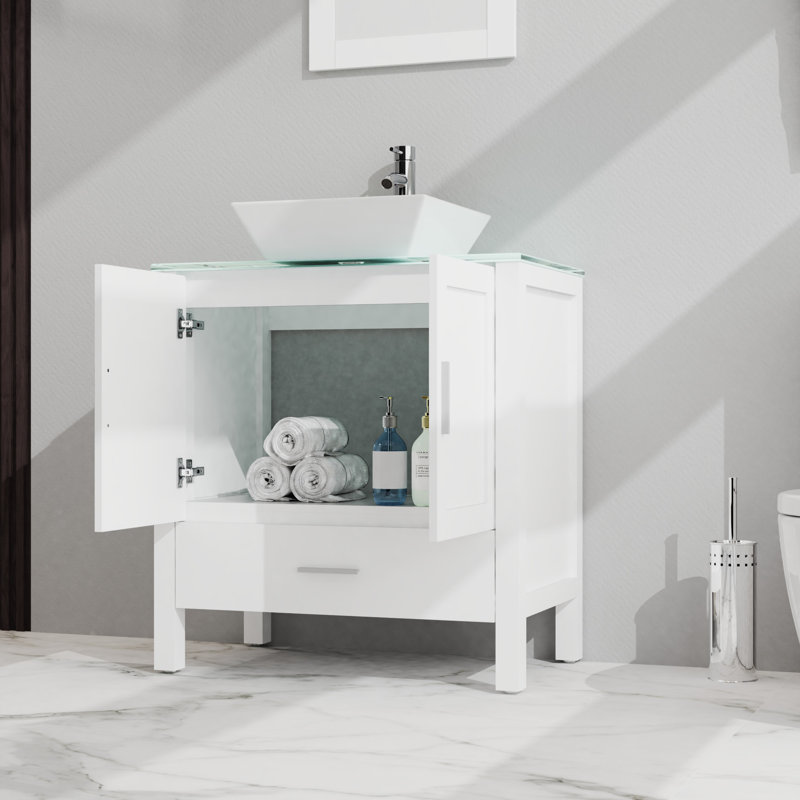 Meuble-lavabo de salle de bain blanc. Armoire avec plateau en verre. 18,5 * 30 * 31,5 pouces 2 portes, 1 tiroir. Rangement abondant. Surface lisse. Charnières à fermeture douce. Facile à installer. Comptoir chic 30 po. Blanc