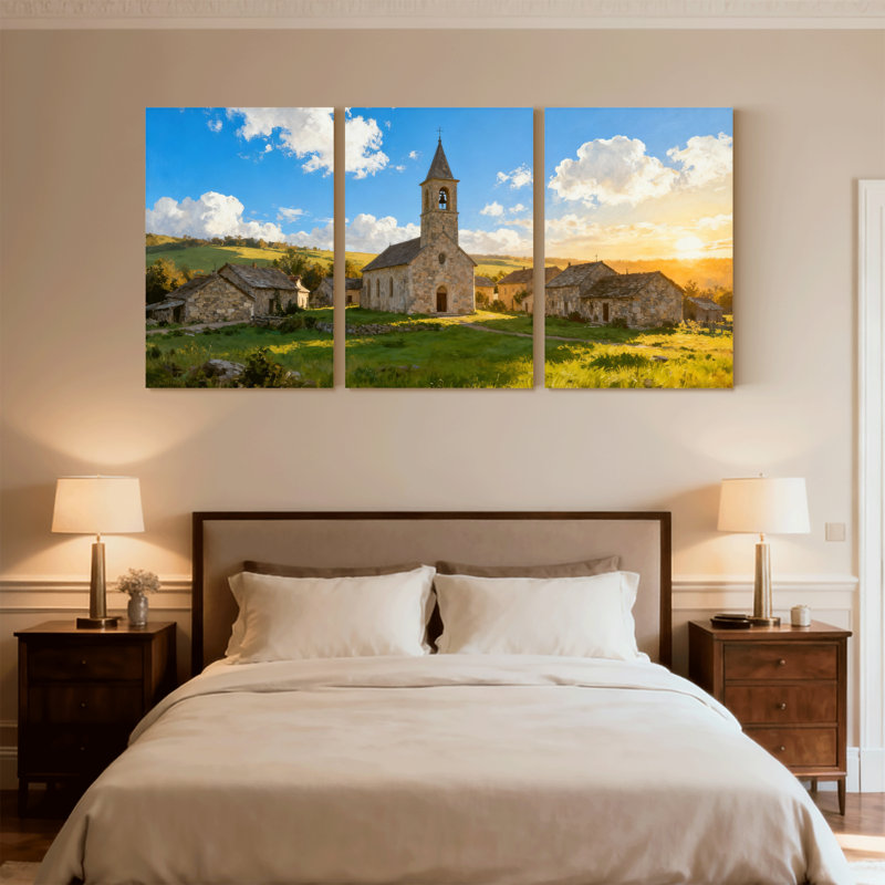 Ensemble de 3 impressions sur toile Scènes et paysages urbains d'églises avec bâtiments en pierre, H 18 po x l 36 po