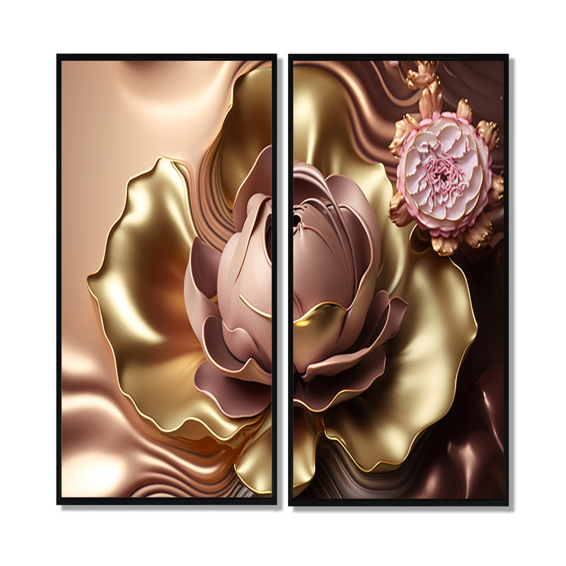 Rétro, rétro, abstrait, fleurs roses et dorées I - Art mural traditionnel, H 20 po x l 24 po, Noir