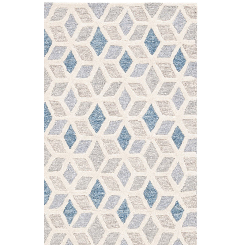Ebony Hand Tufted Wool/Cotton Geometric Rug in Ivory/Blue, Rectangle 5' x 8'