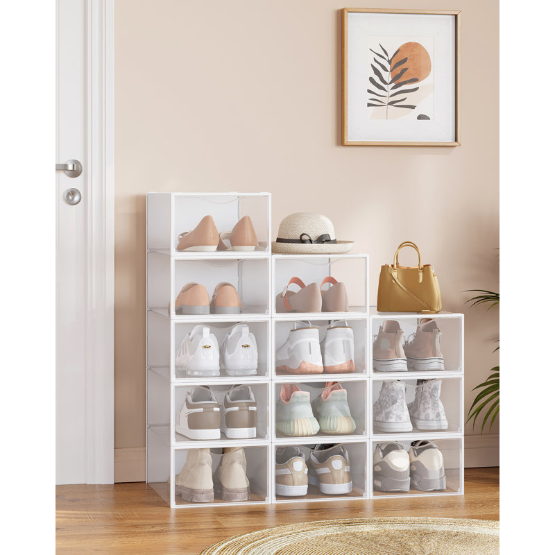 Clear Shoe Boxes, Set Of 12 Shoe Storage Organsiers, Transparent, Easy Assembly, 33.2 X 23 X 14.5 Cm, For Shoes Up To UK Size 9, Transparent And Cloud White