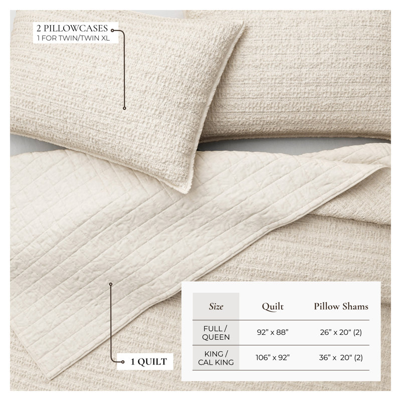 Ensemble de courtepointe et couvre-oreiller 100% coton délavé en nid d'abeille gaufré, Naturel