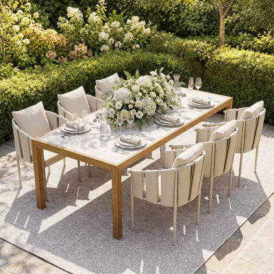 Alba 87" Modern Outdoor Dining Table with Carrara-Look Ceramic Top and Solid Teak Legs, Patio Table Seats 6-8