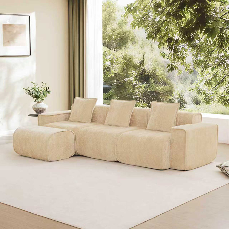 Canapé modulaire en forme de L à 3 sièges avec passepoil à bordure française, sans assemblage et repose-pieds mobile en velours