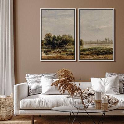 «Lush Riverside Meadows Vintage Style», 2 pièces sur toile