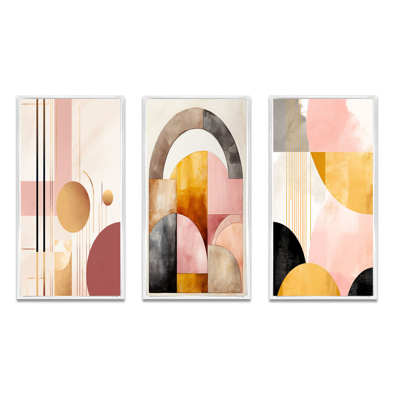 «Art Nouveau Elegance In Retro Pink Gold», 3 pièces sur toile, Cadre flottant blanc, H 32 po x l 48 po