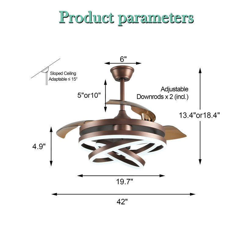 Brynnly 42" Retractable Ceiling Fan with LED Lights, DC Motor Remote 3-Color 6-Speed for Living Room, Bedroom