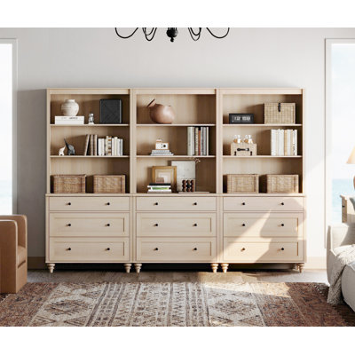 Scarlett 72.1"H X 101.6"W Bookcase With 3 Drawers Set Of 2, Tall Book Case With 3-Tier Open Book Shelfs, Large Wood Bookcases Farmhouse Bookshelves For Living Room Bedroom Home Office Kitchen