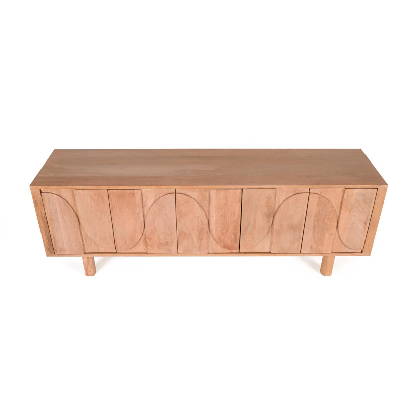 Large Solid Mango Wood TV Unit – Light Oak Finish Entertainment Console With Modern Carved Doors – No Veneer Wooden Media Unit, TV Stand & Storage Cabinet For Living Room – Fully Assembled