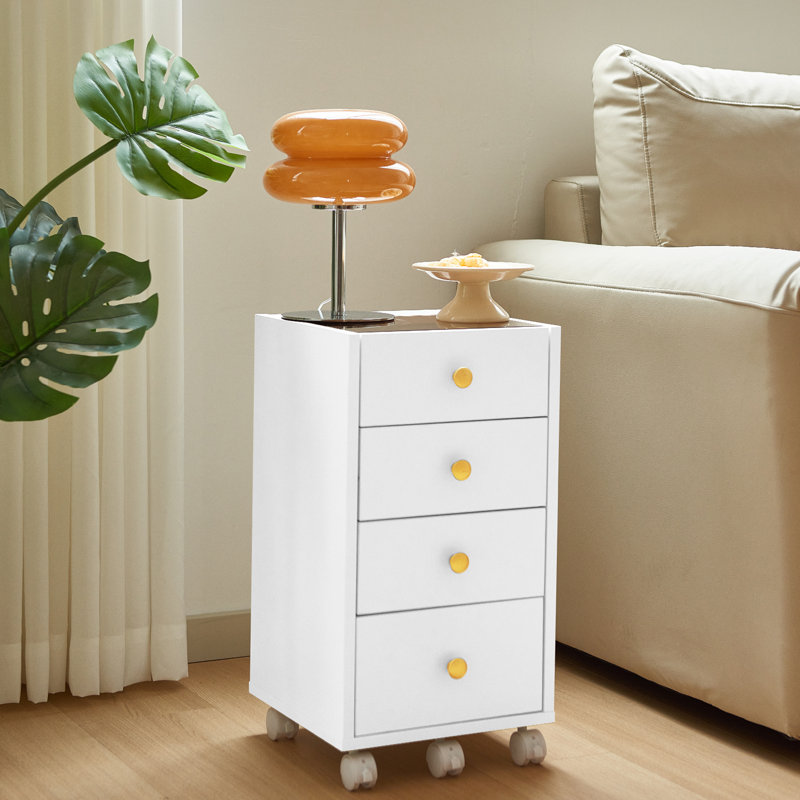 Rangement sous le bureau, commode sous le bureau avec 4 tiroirs et roulettes, armoire de bureau verticale avec plateau en verre, blanc