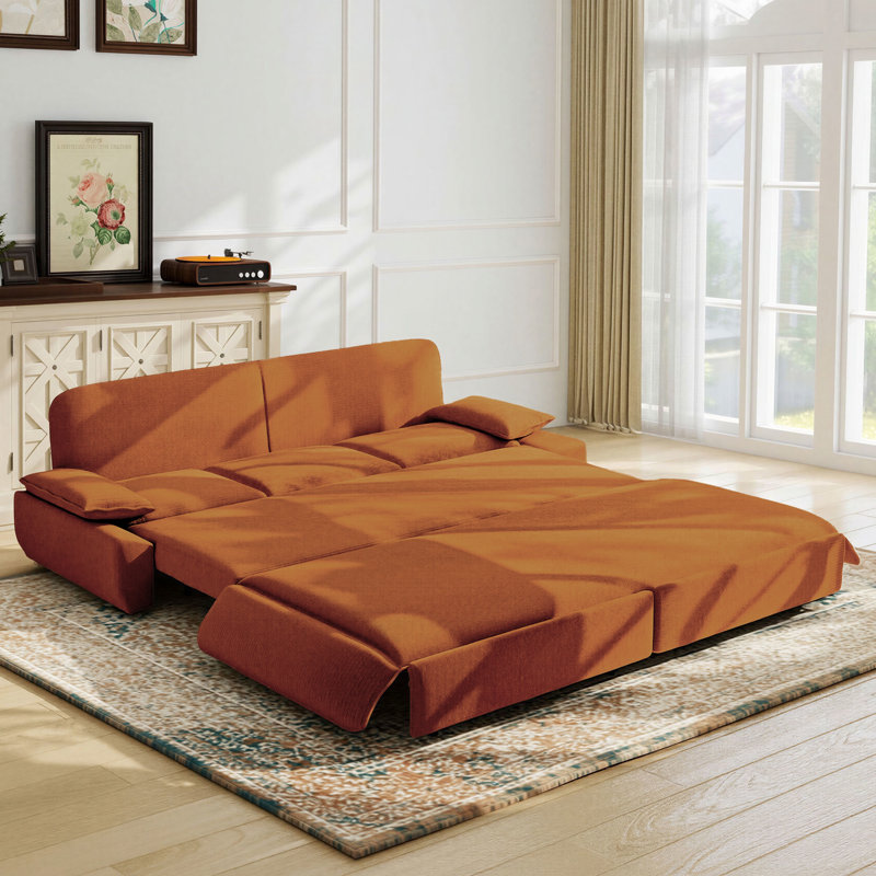 Divan-lit gigogne convertible 3-en-1 94,5 po très grand lit, causeuse multifonctionnelle en velours côtelé orange, 94.5"