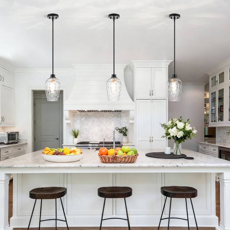 Aguilera Vintage Glass Pendant Light Kitchen Island With Hand-Blown Hammered Clear Glass Lampshade, Matte Black