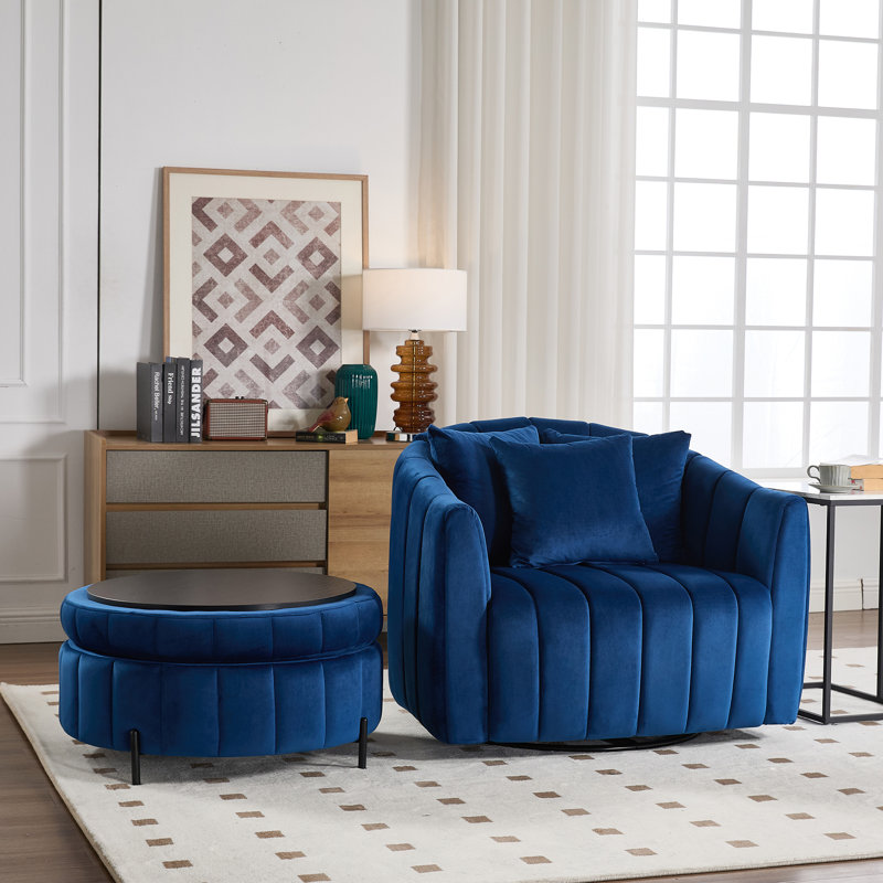 Upholstered  Swivel Barrel Armchair With Ottoman, Navy