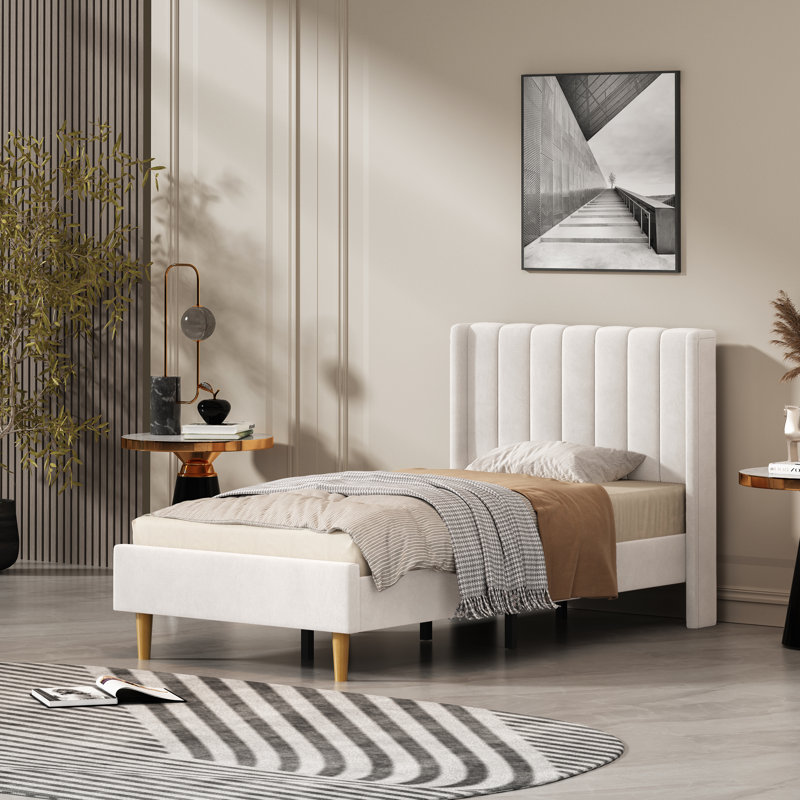 Torrick Upholstered Platform Bed with Tufted Wingback Headboard, Cream Velvet, Twin