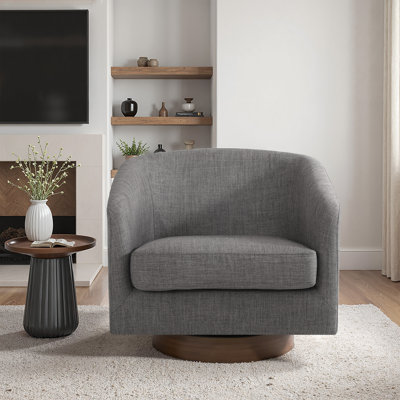 Applewold Upholstered Gray Cotton Blend Swivel Barrel Chair with Solid Wood Base