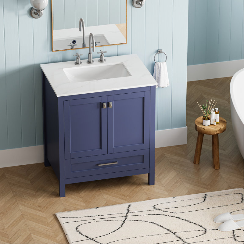 Armoire de salle de bain 30 po - Bleu marine 24V03-30Nb. Entièrement assemblée. Comptoir en marbre. Bois massif. Charnières. Rangement spacieux. Profondeur 31,13 po x l 19,32 po x H 34,24 po. Évier de 92,81 lb assemblé avec
