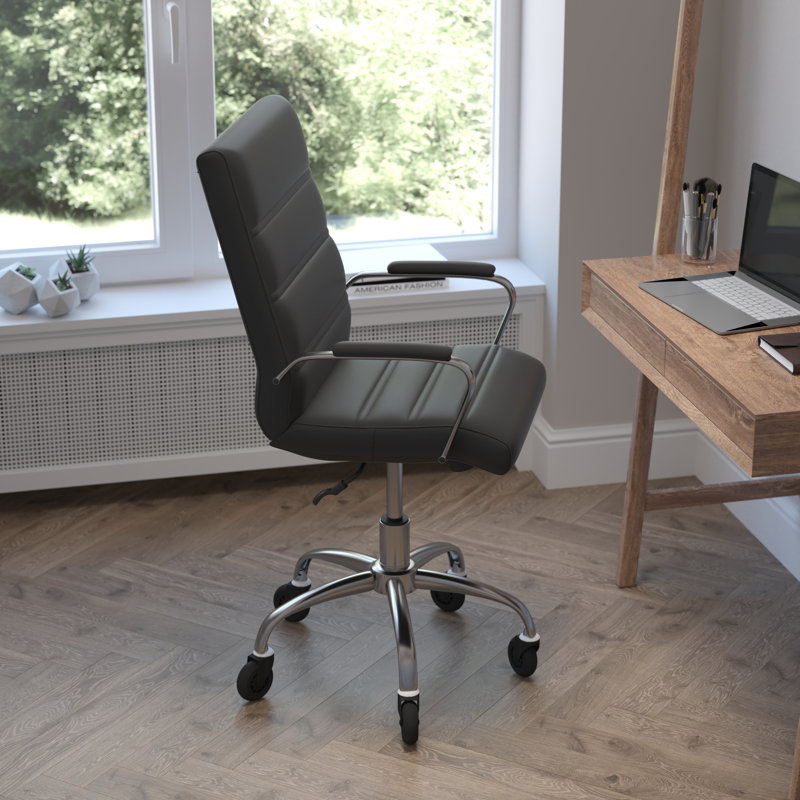 Mid-Back Executive Swivel Office Chair with Arms, and Transparent Roller Wheels, Black, Chrome